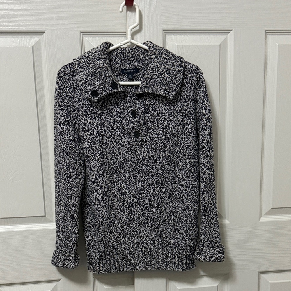 Lands End Black and White Marled Button Neck Pullover Sweater